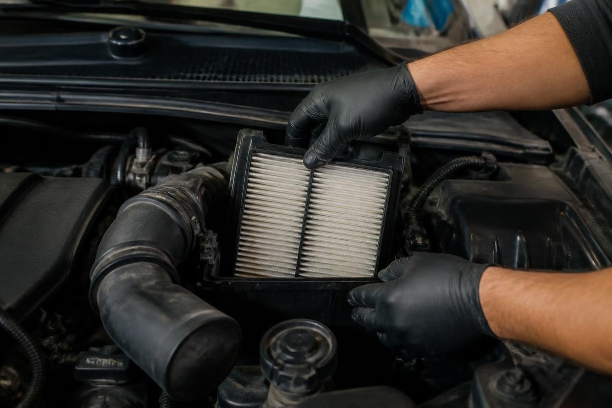 Mecânico substituindo o filtro de ar do motor