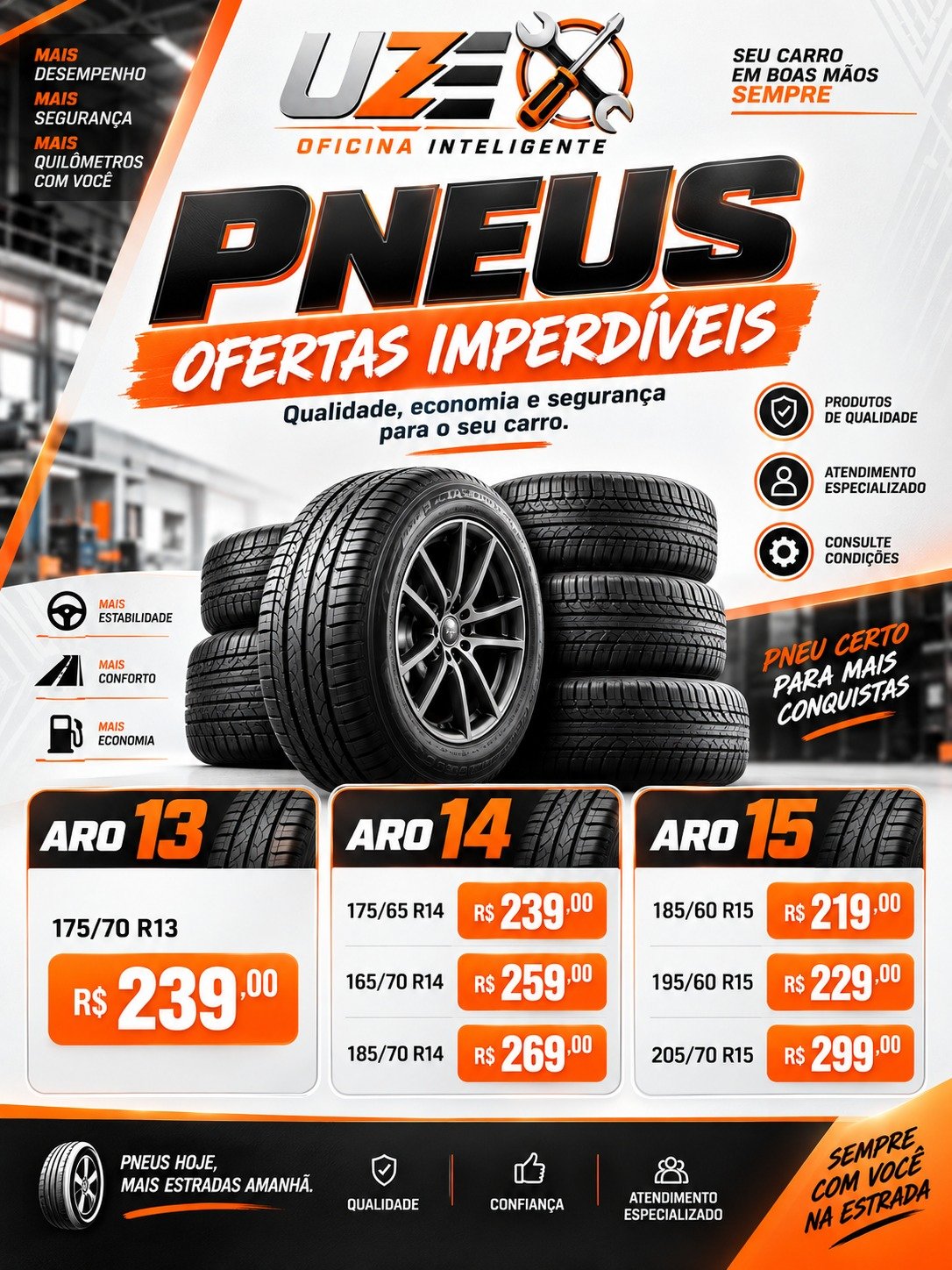 Ofertas de pneus aros 13, 14 e 15 na UZE Oficinas Inteligentes