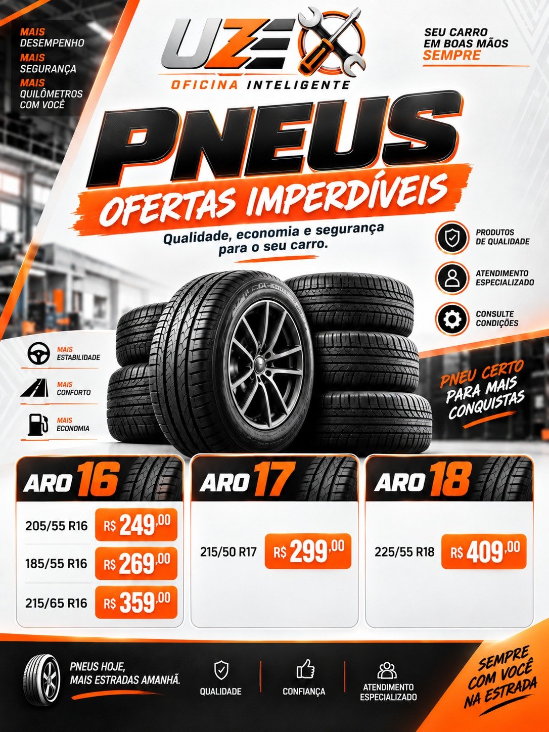 Ofertas de pneus aros 16, 17 e 18 na UZE Oficinas Inteligentes