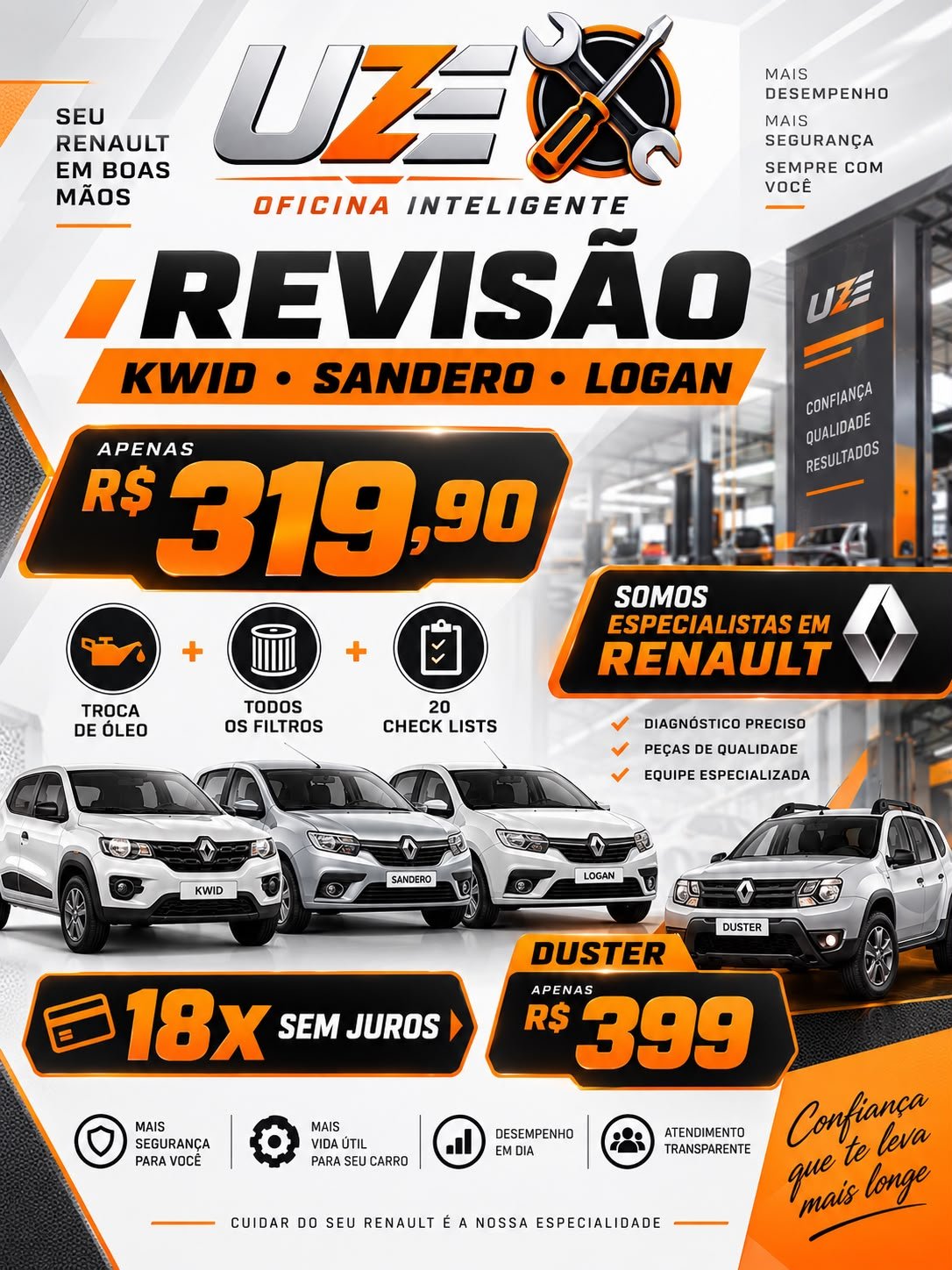 Revisão Renault Kwid, Sandero e Logan a partir de R$ 319,90 — troca de óleo, filtros e 20 check lists